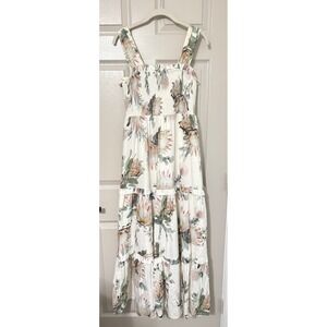 Express Maxi Dress Size S Ivory Protea Floral Smocked Tiered Linen Blend Summer